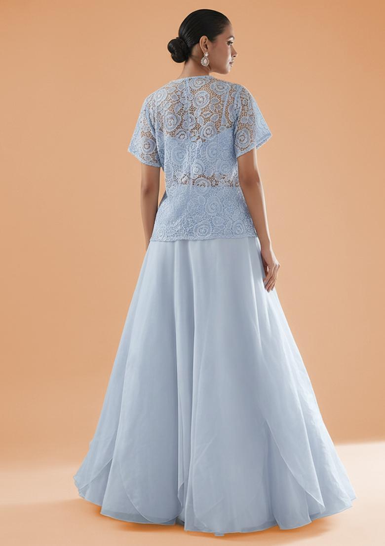 Powder Blue Embroidered Crepe Lehenga Set - Indya