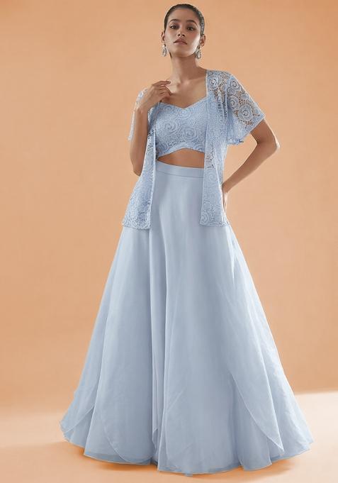 Powder Blue Embroidered Crepe Lehenga Set
