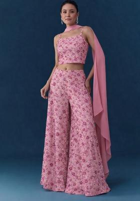 Pink Embroidered Net Fusion Set