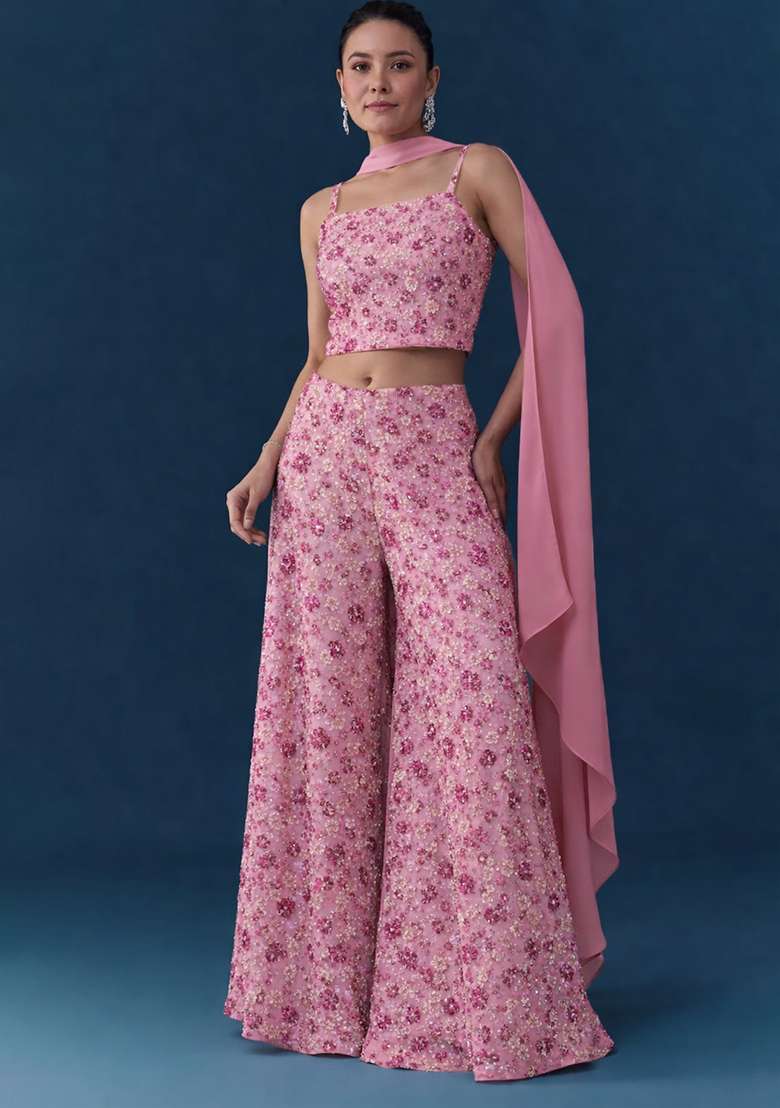 Pink Embroidered Net Fusion Set - Indya