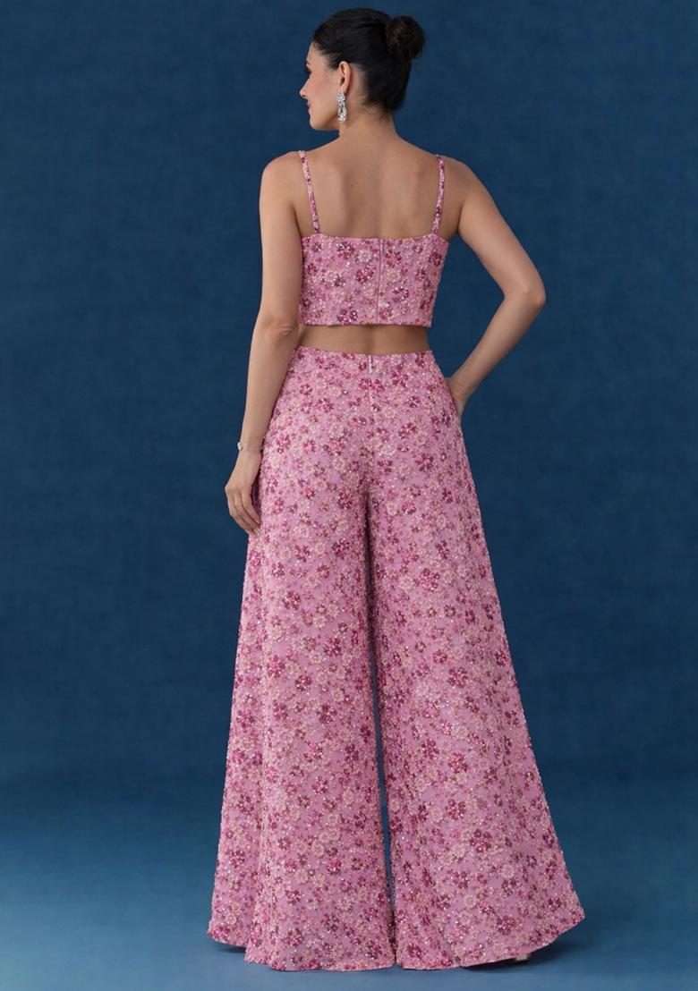 Pink Embroidered Net Fusion Set - Indya