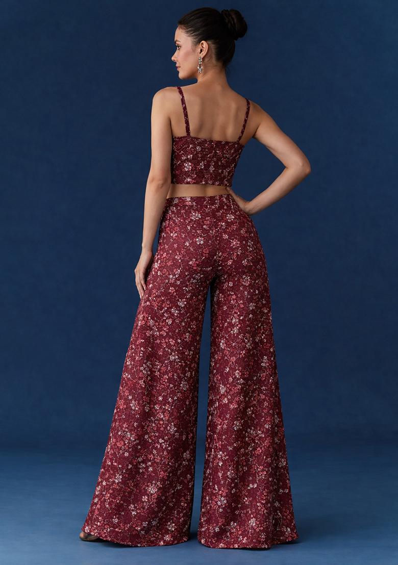 Wine Embroidered Net Fusion Set - Indya