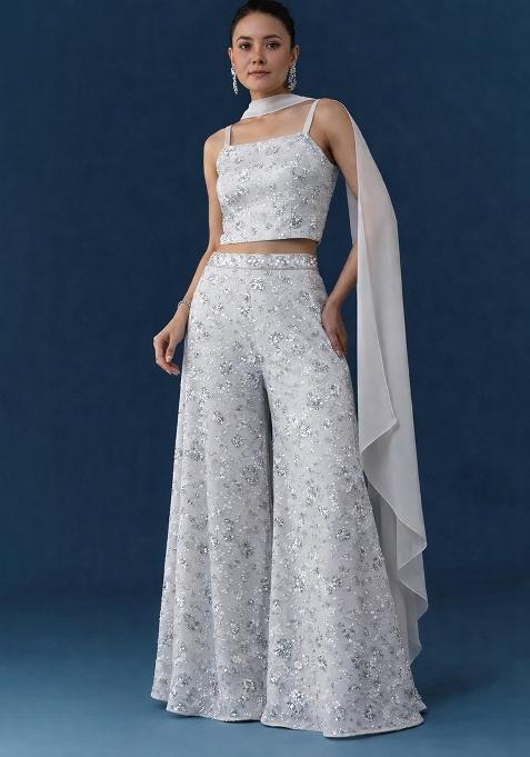 Silver Embroidered Net Fusion Set