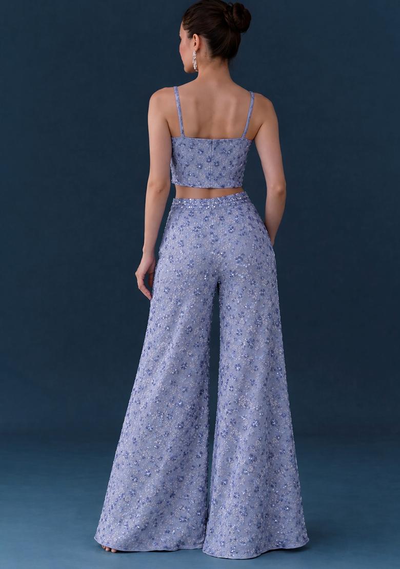 Lavender Embroidered Net Fusion Set - Indya