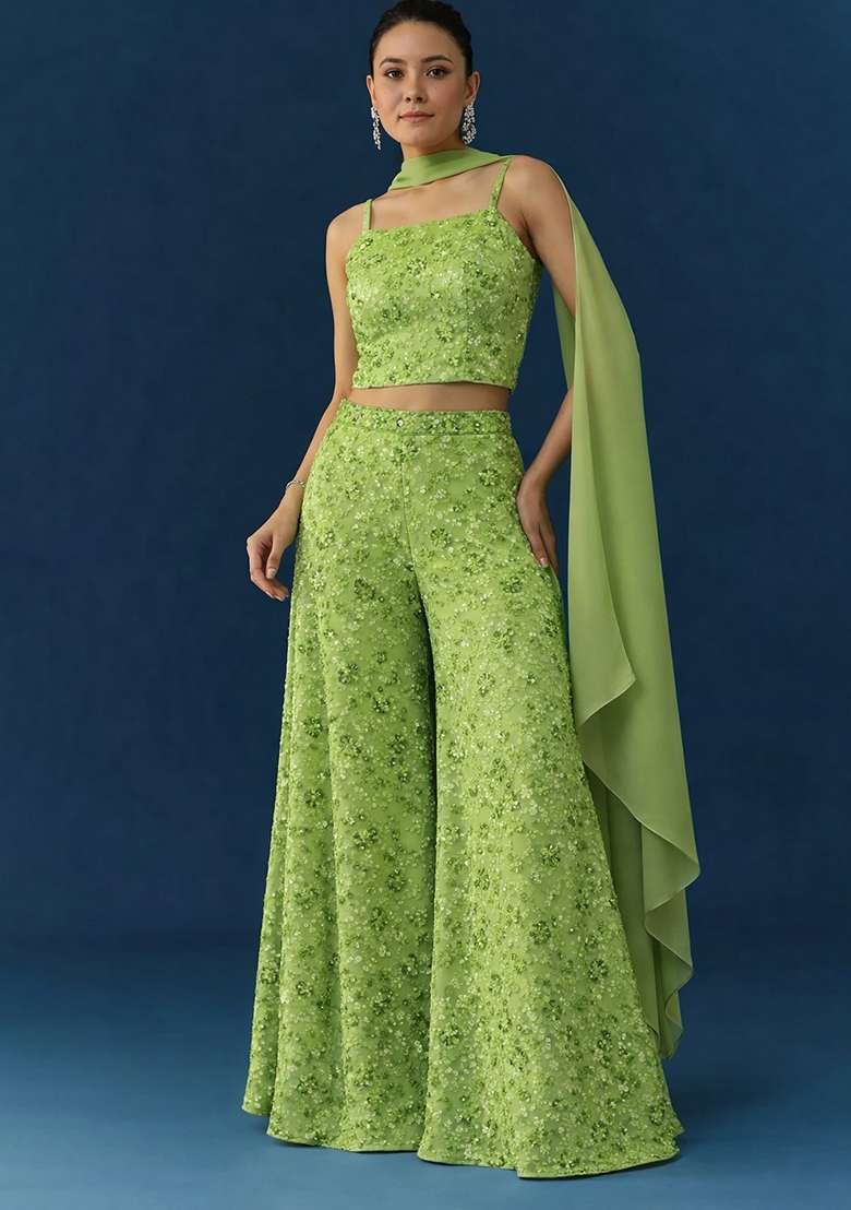 Parrot Green Embroidered Net Fusion Set - Indya