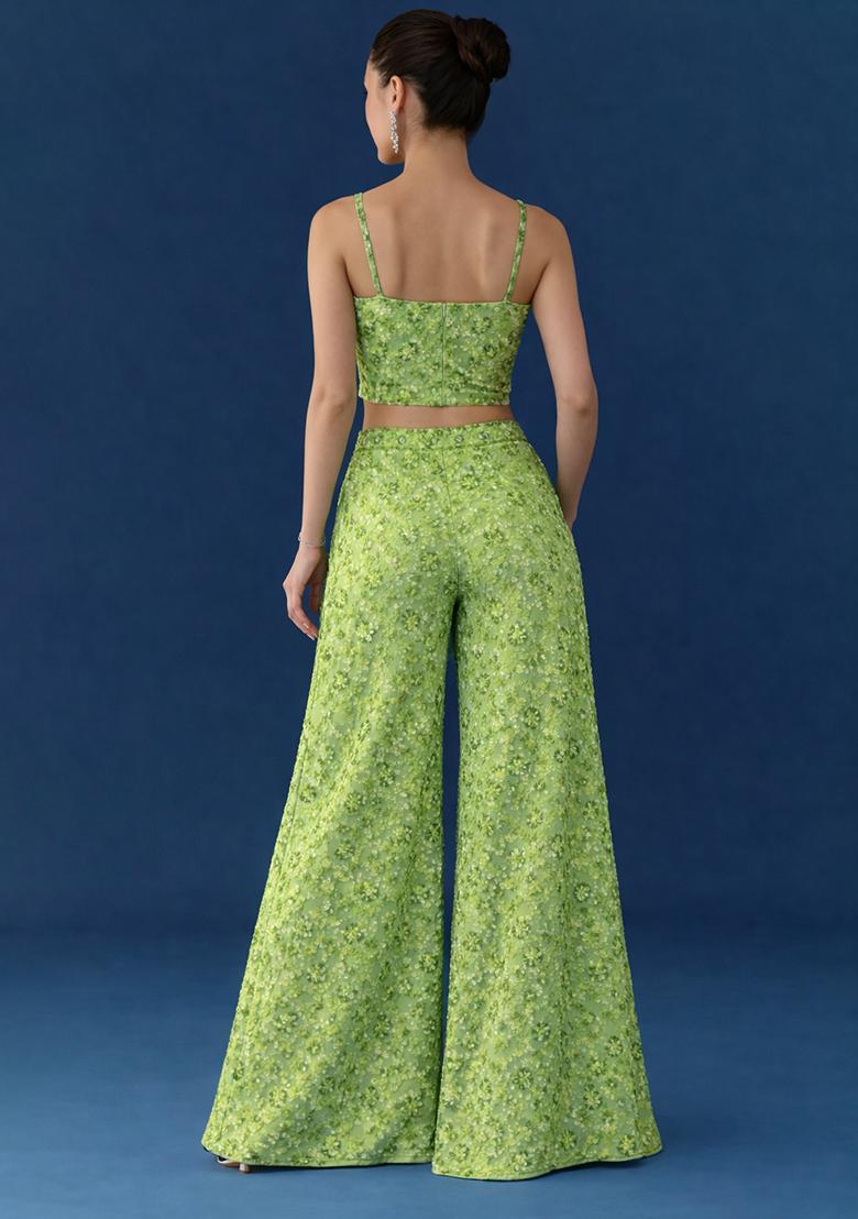 Parrot Green Embroidered Net Fusion Set - Indya