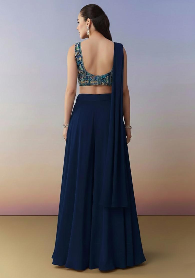 Navy Blue Figure Print Chinon Fusion Set - Indya