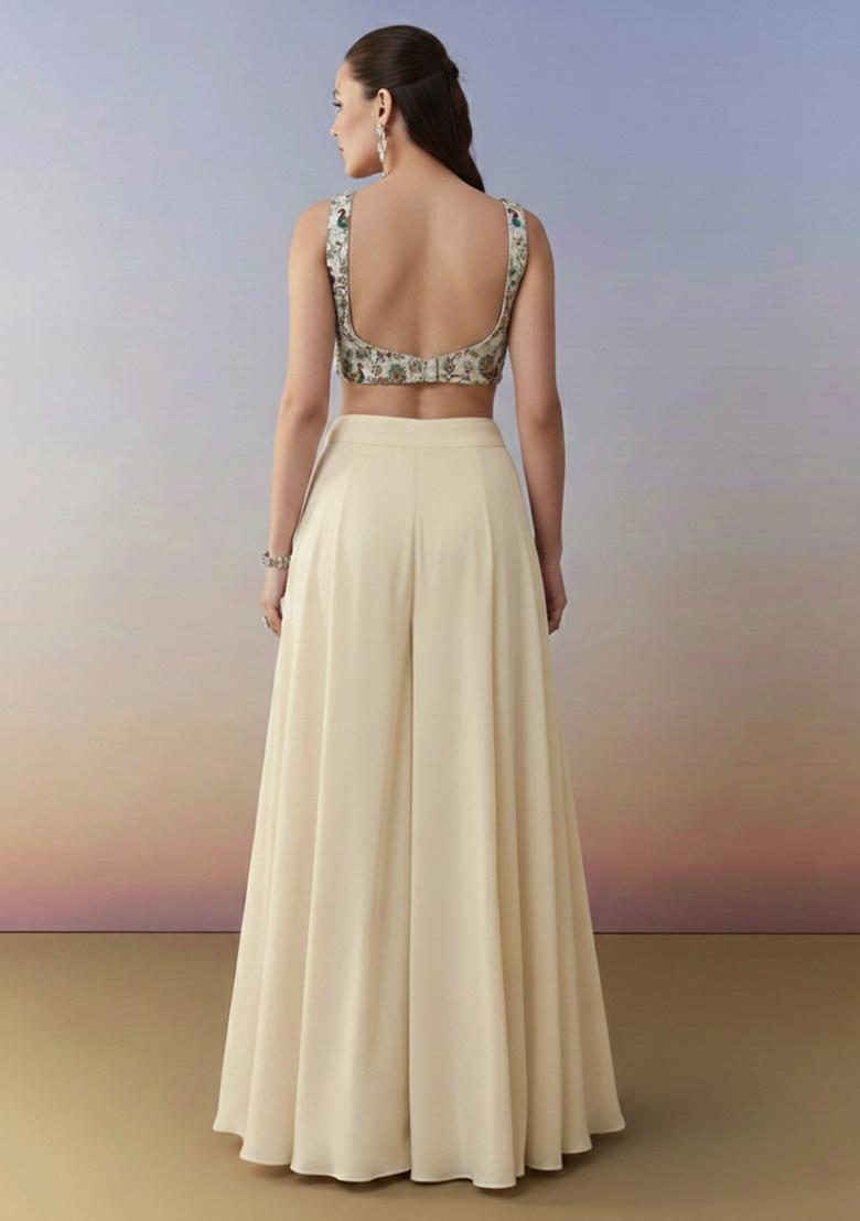 Cream Figure Print Crepe Fusion Set - Indya