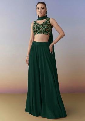 Dark Green Floral Print Crepe Fusion Set