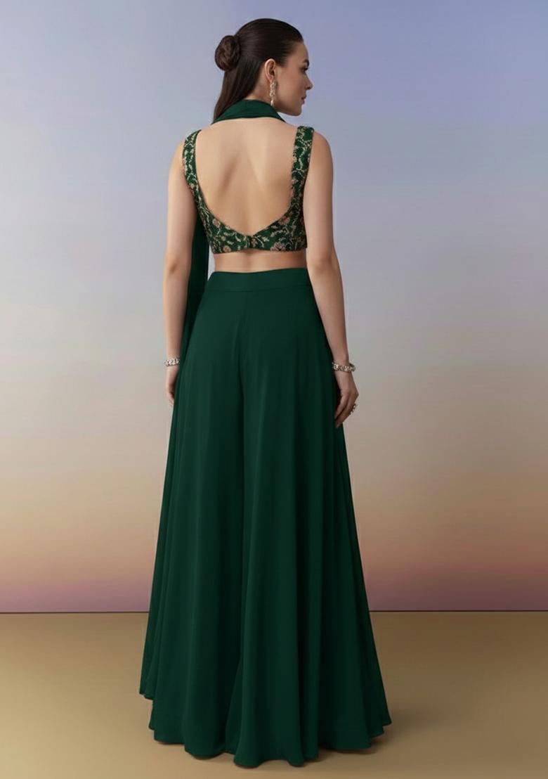 Dark Green Floral Print Crepe Fusion Set - Indya