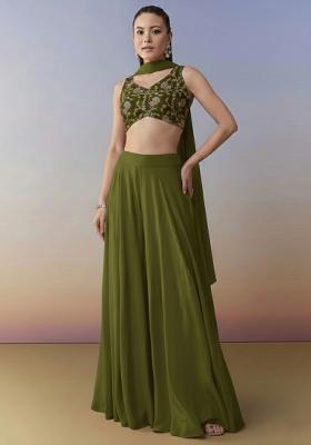 Olive Green Figure Print Crepe Fusion Set