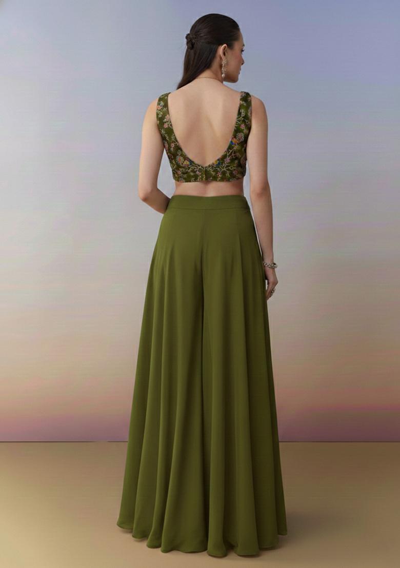 Olive Green Figure Print Crepe Fusion Set - Indya