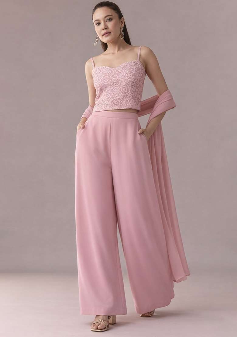 Soft Pink Crepe Fusion Set with Embroidered for Diwali | Wedding & Festive Wear - Indya