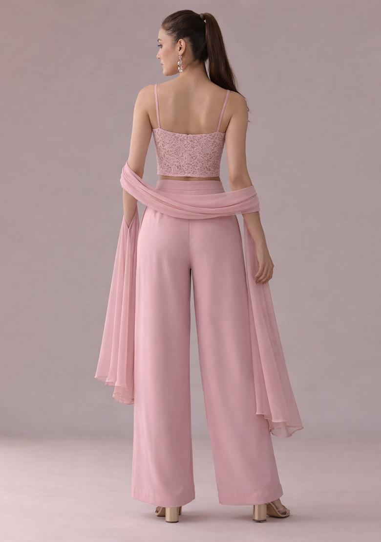 Soft Pink Embroidered Crepe Fusion Set - Indya