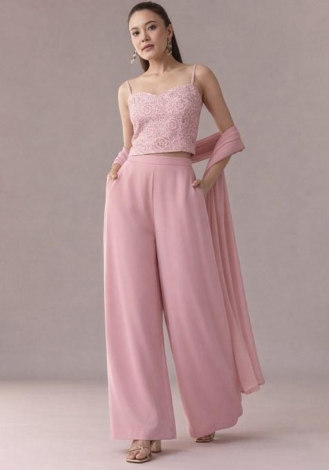 Soft Pink Embroidered Crepe Fusion Set