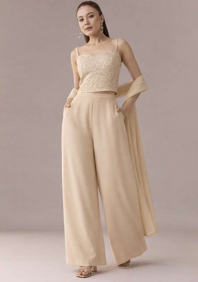 Beige Crepe Fusion Set with Embroidered for Diwali | Wedding & Festive Wear - Indya