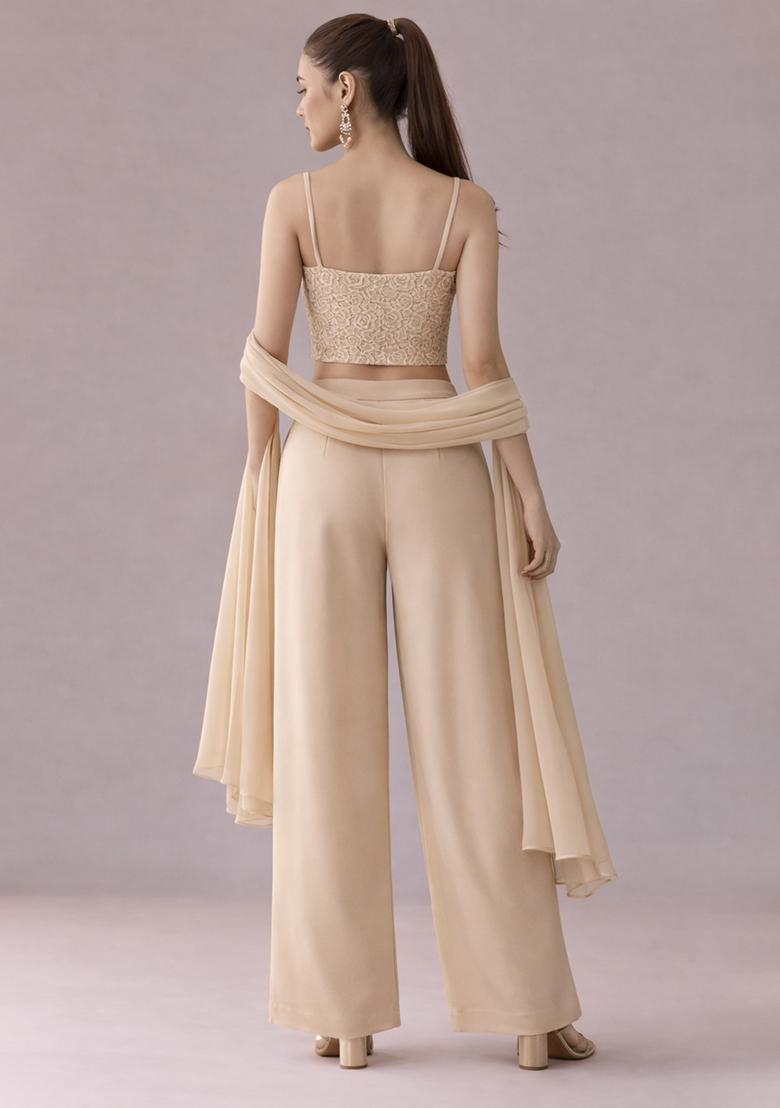 Beige Embroidered Crepe Fusion Set - Indya