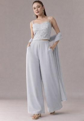 Powder Blue Embroidered Crepe Fusion Set