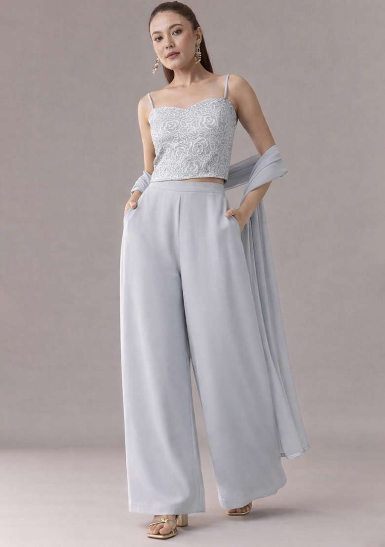 Powder Blue Crepe Fusion Set with Embroidered for Diwali | Wedding & Festive Wear - Indya