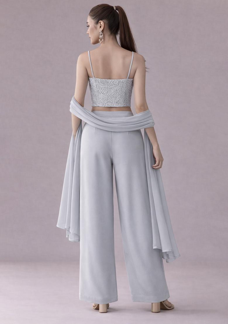 Powder Blue Embroidered Crepe Fusion Set - Indya