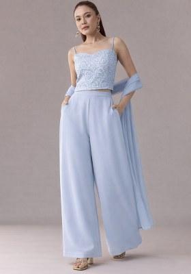 Ice Blue Embroidered Crepe Fusion Set