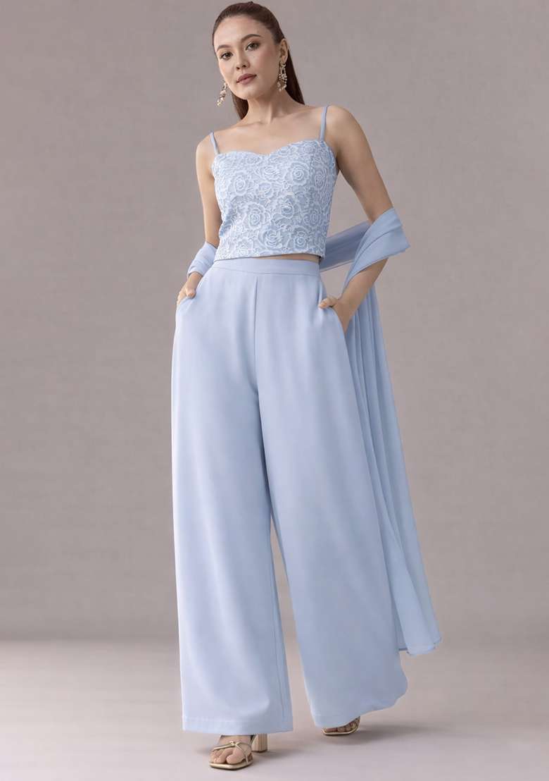 Ice Blue Embroidered Crepe Fusion Set for Diwali and Festive Wear - Indya