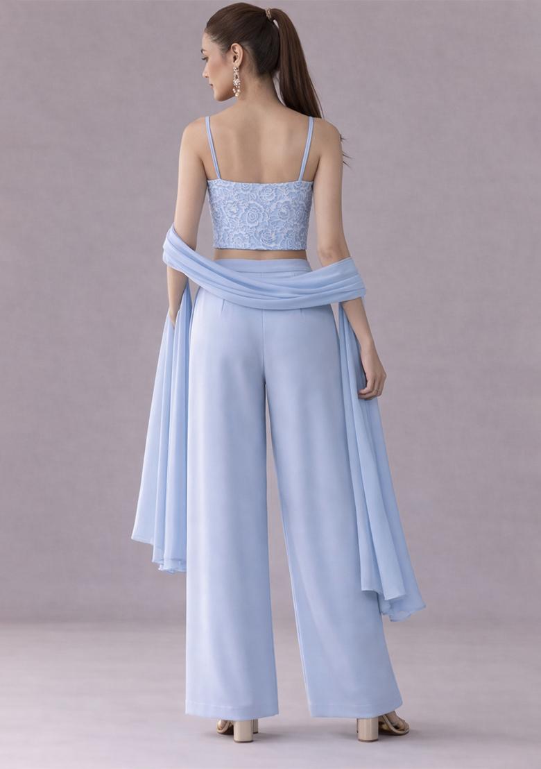 Ice Blue Embroidered Crepe Fusion Set - Indya