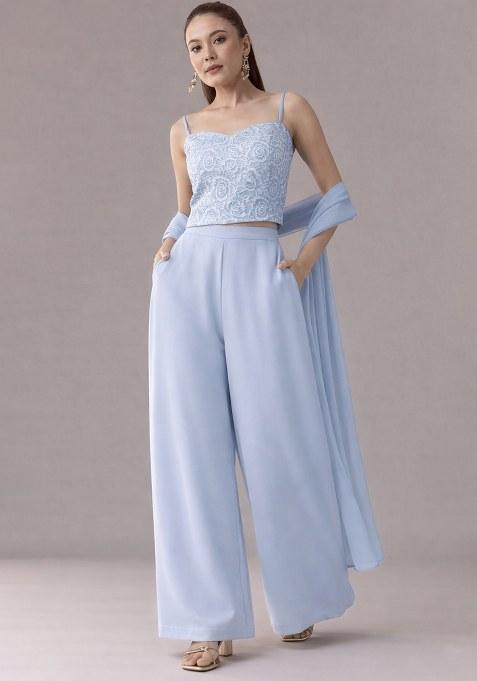 Ice Blue Embroidered Crepe Fusion Set