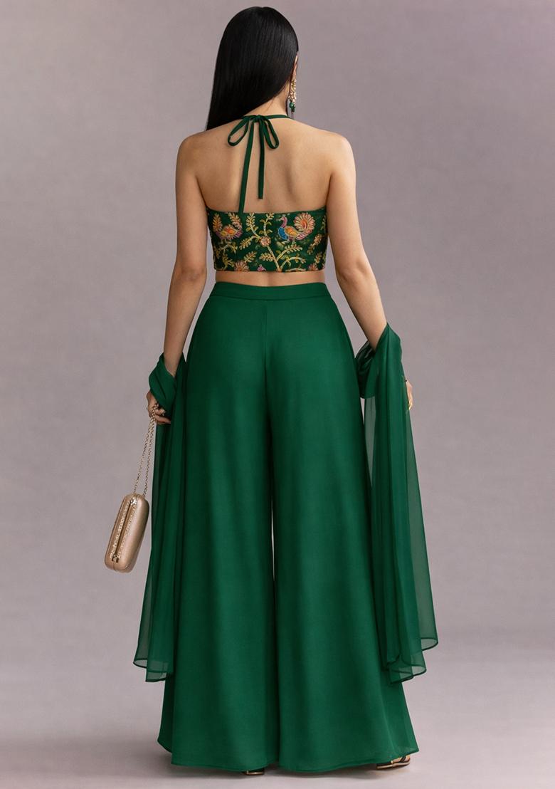 Dark Green Embroidered Crepe Fusion Set - Indya