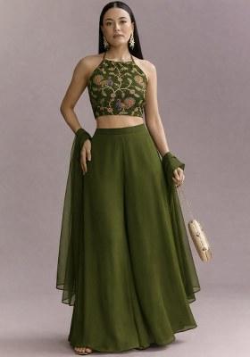 Olive Green Embroidered Crepe Fusion Set