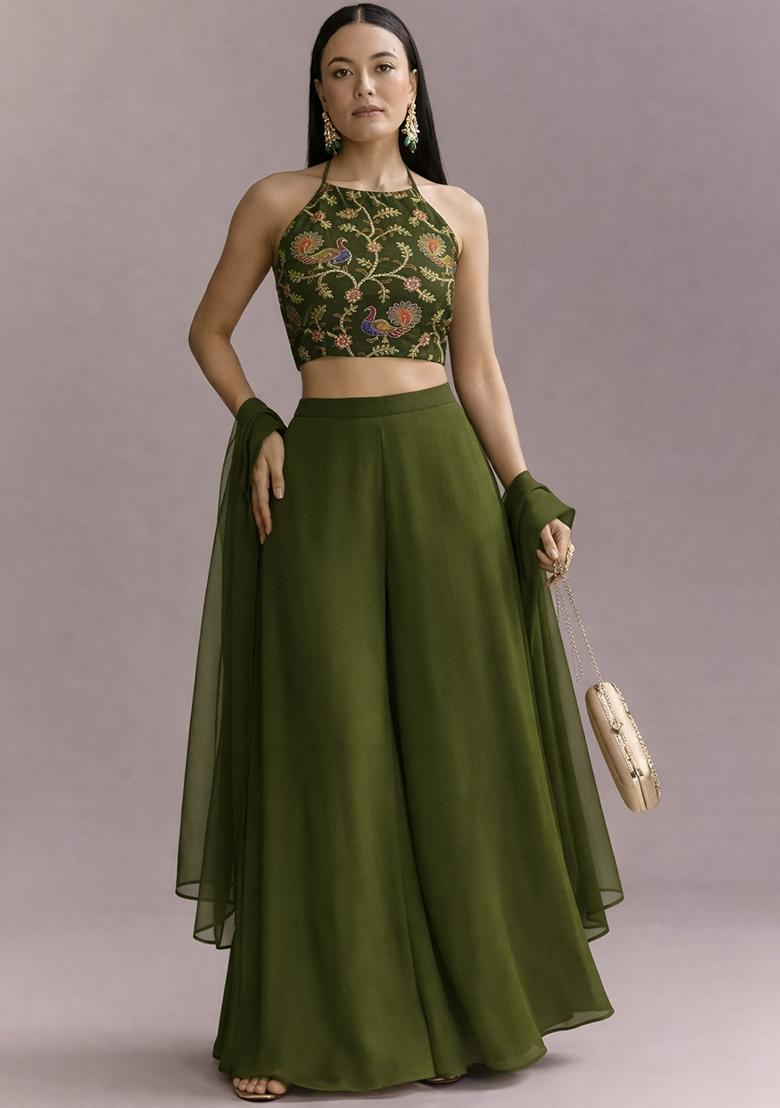 Olive Green Embroidered Crepe Fusion Set - Indya
