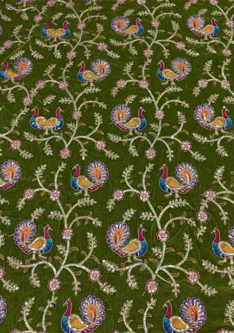 Olive Green Embroidered Crepe Fusion Set - Indya