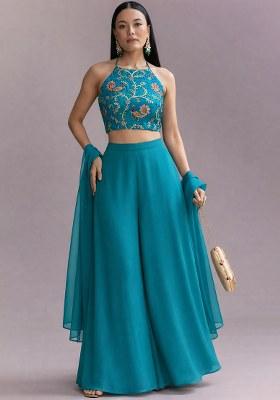 Teal Blue Embroidered Crepe Fusion Set