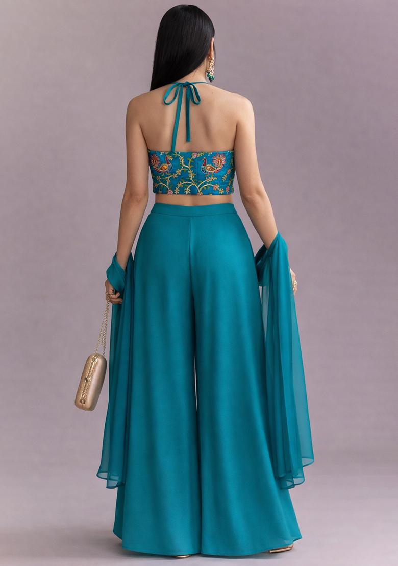 Teal Blue Embroidered Crepe Fusion Set - Indya