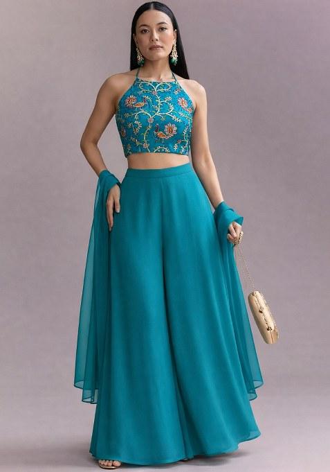 Teal Blue Embroidered Crepe Fusion Set