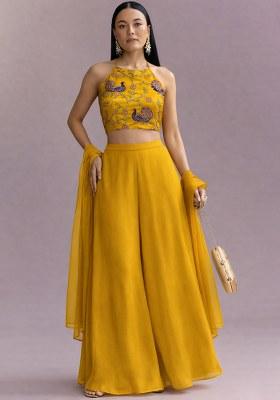 Mustard Embroidered Crepe Fusion Set