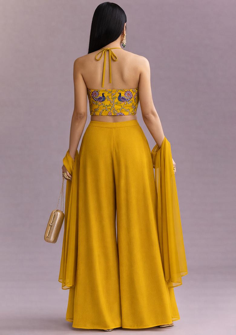 Mustard Embroidered Crepe Fusion Set - Indya