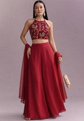 Deep Red Embroidered Crepe Fusion Set