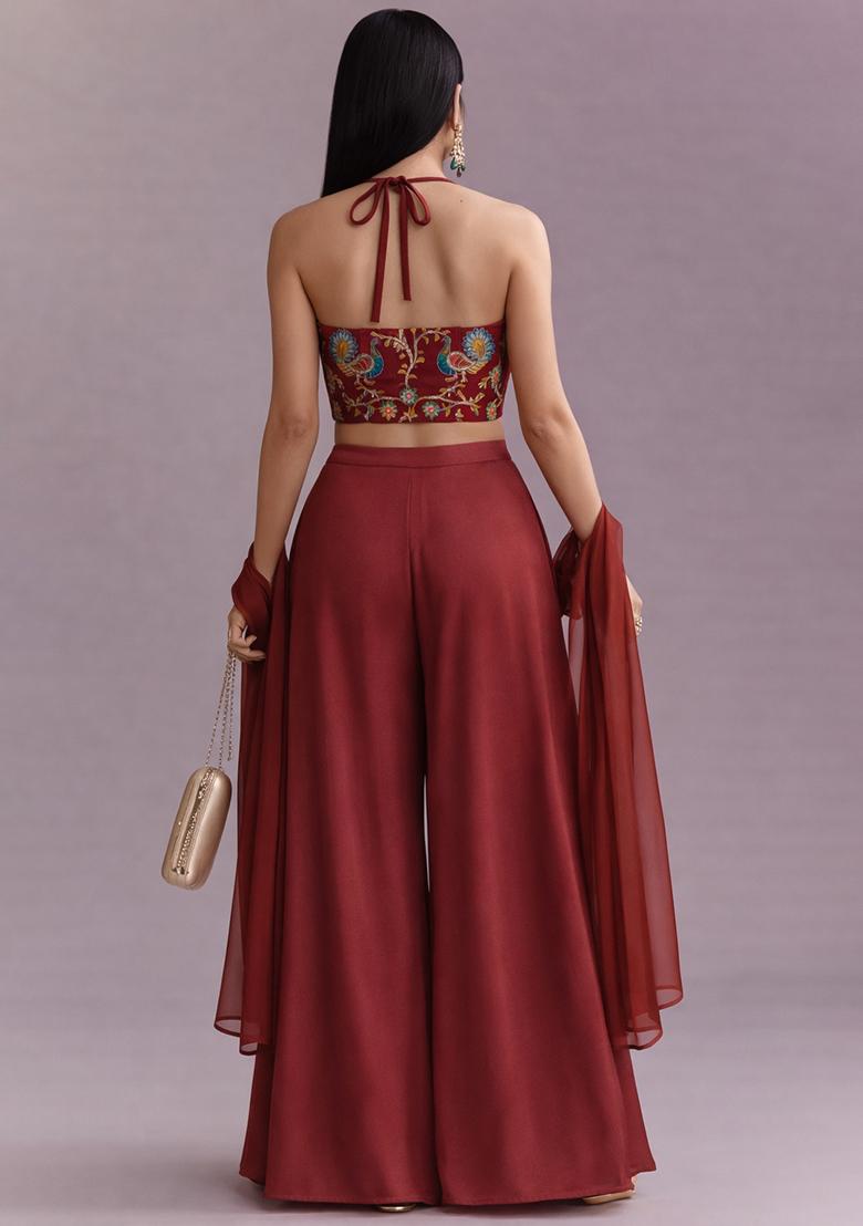 Deep Red Embroidered Crepe Fusion Set - Indya