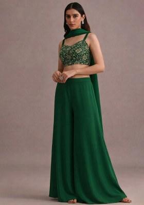 Dark Green Embroidered Crepe Fusion Set
