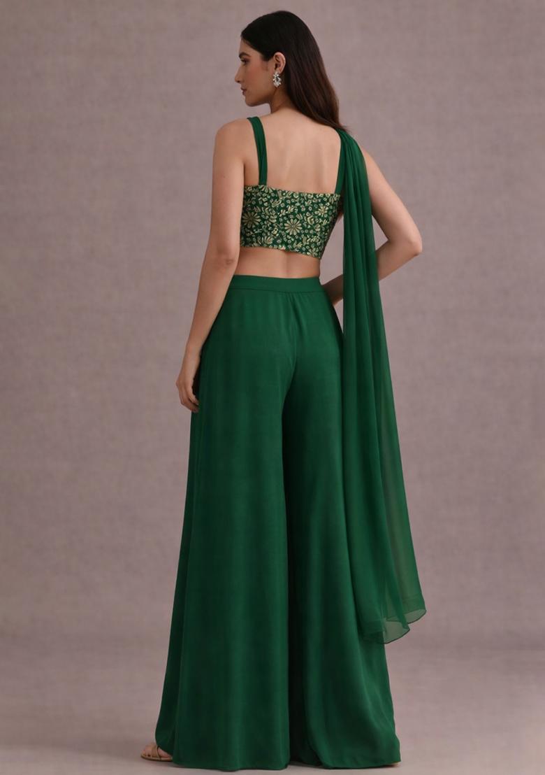 Dark Green Embroidered Crepe Fusion Set - Indya