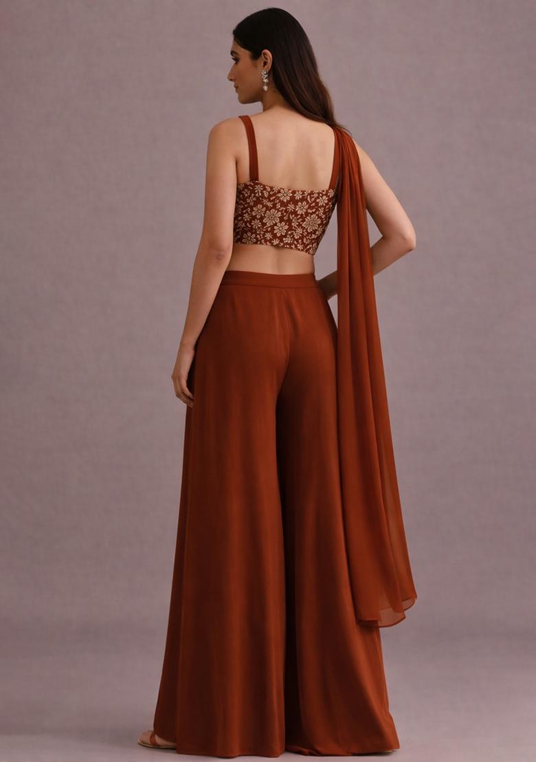 Rust Embroidered Crepe Fusion Set - Indya