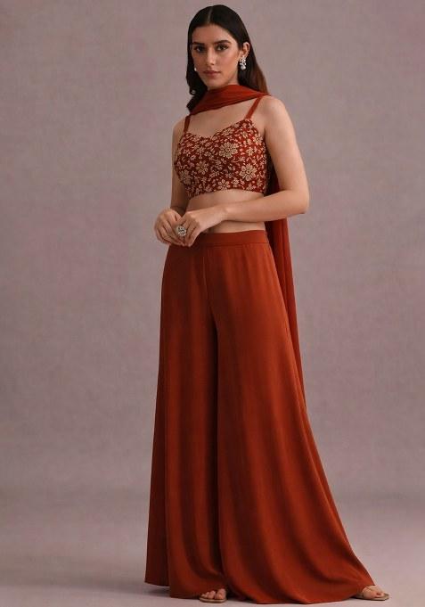 Rust Embroidered Crepe Fusion Set