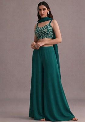 Teal Blue Embroidered Crepe Fusion Set