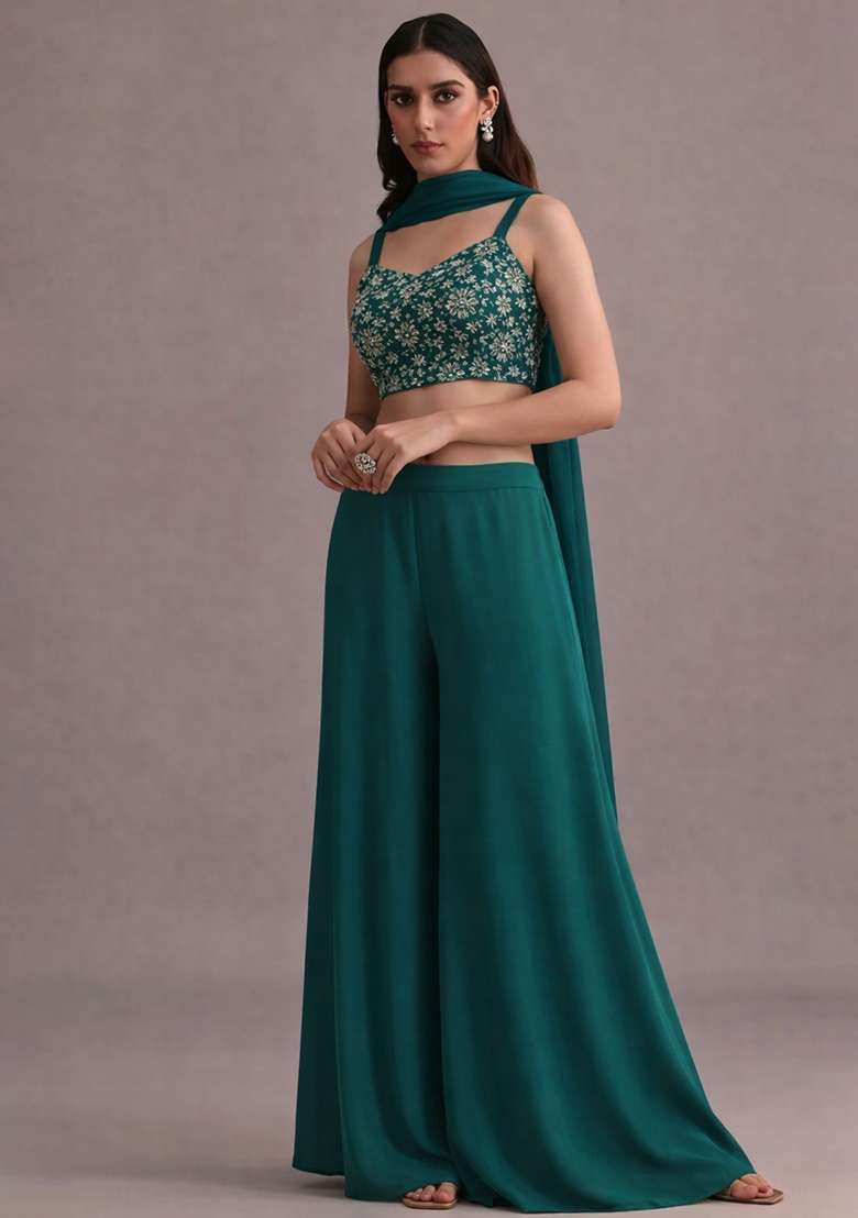 Teal Blue Embroidered Crepe Fusion Set - Indya