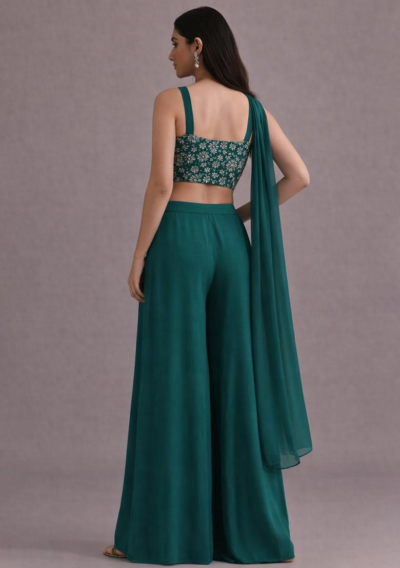 Teal Blue Embroidered Crepe Fusion Set - Indya