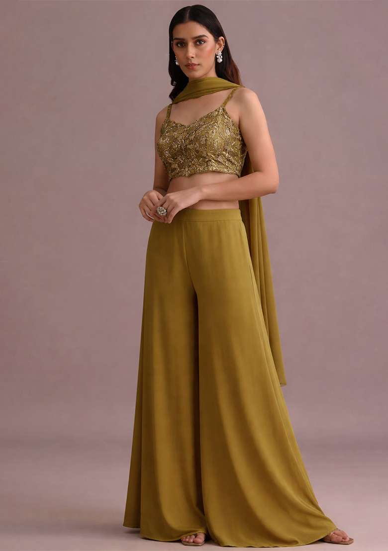 Mustard Embroidered Crepe Fusion Set - Indya
