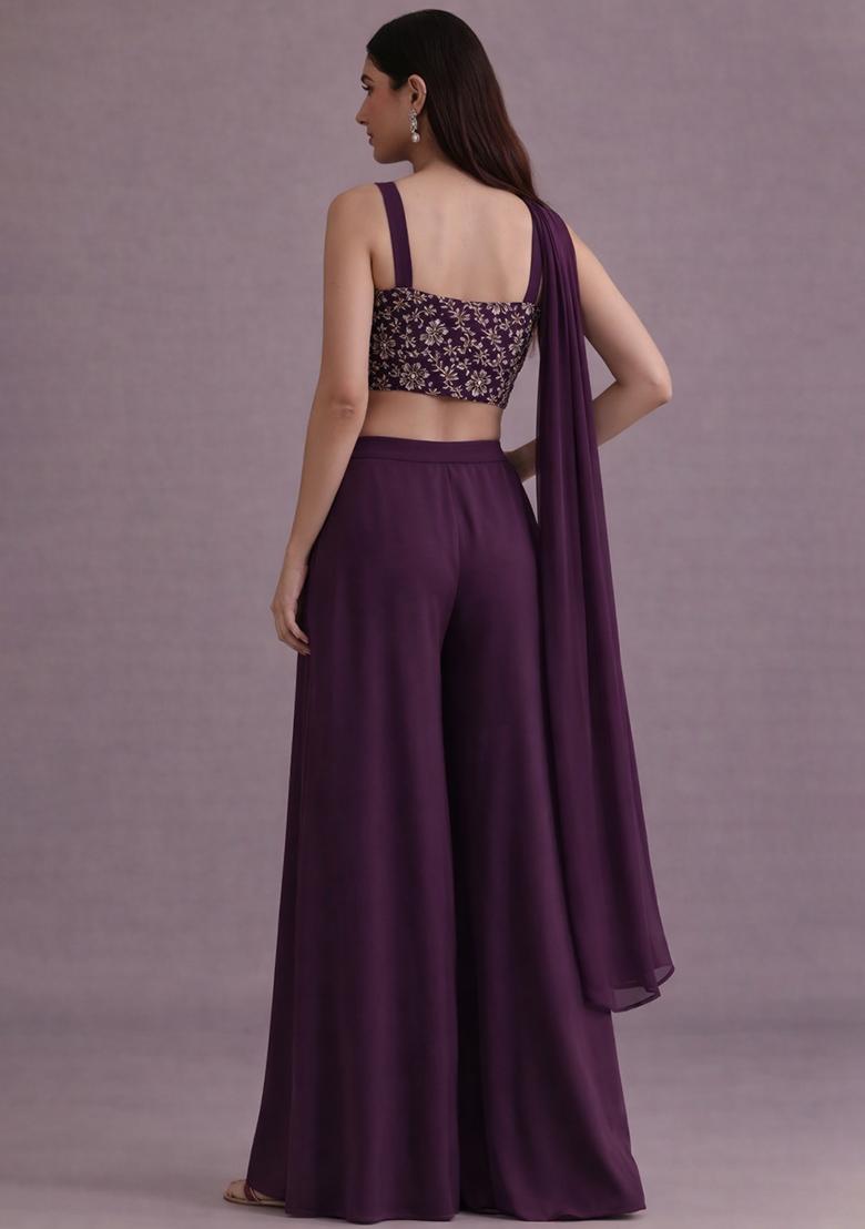Royal Purple Embroidered Crepe Fusion Set - Indya