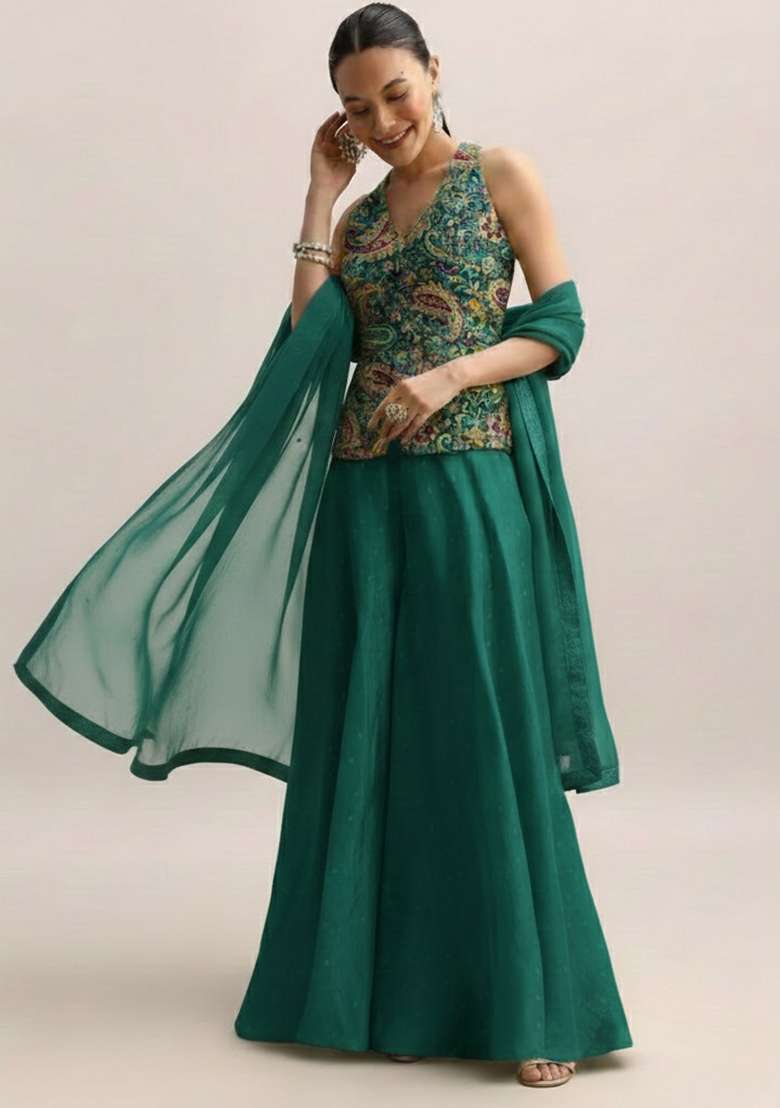 Teal Green Embroidered Crepe Fusion Set for Diwali and Festive Wear - Indya