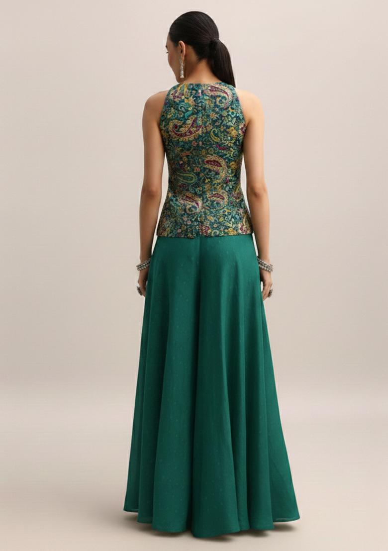 Teal Green Embroidered Crepe Fusion Set - Indya